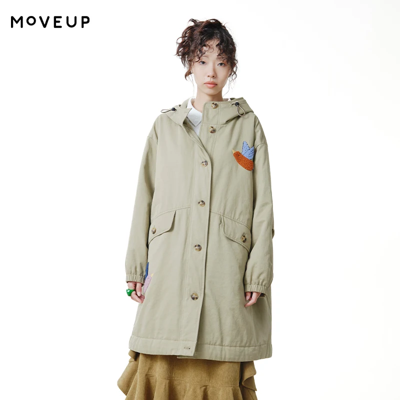 MOVEUP Winter Coat for Women FUN Series Hooded Applique Embroidery Long Cotton Jacket 2026 Fall New Commuter Outerwear 3ELQ20902