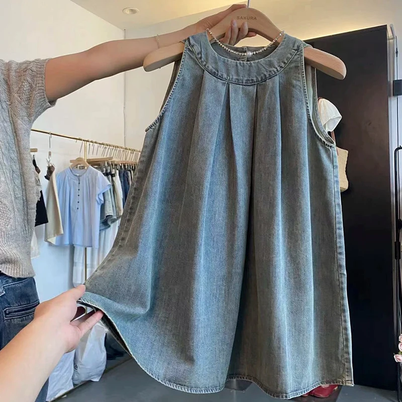 

French Sleeveless Denim Vest For Women Loose Round Neck Solid Color Short Sleeved Summer Pleated Design Commuting Tops