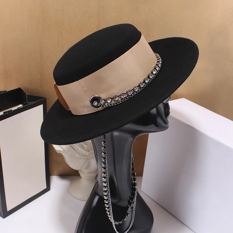 Elegant big black hat big brim fedora hat wool felt hat ladies bow Panama straw hat Australia ladies hat autumn casual wool hat