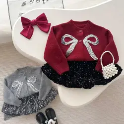 Princess 2Pcs Winter Outfit for Girls Thick Red Bow Sweater And Glitter Skirt Set Children Infants Kids Baby Clothing Trui Meisj