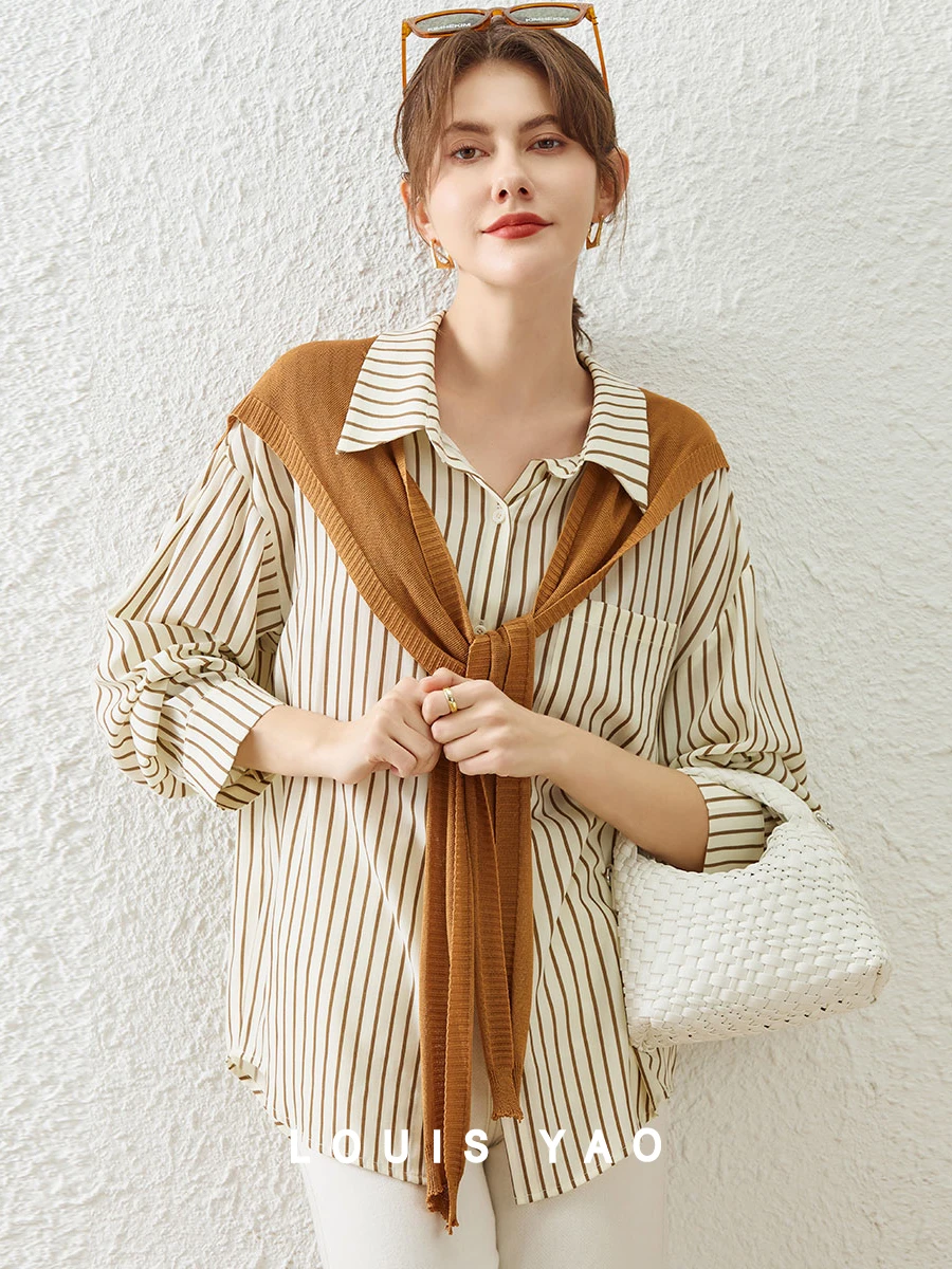 

LOUIS YAO Women Two-Piece Striped Shirt with Shawl 2023 Autumn Stylish Loose Shirt with Flip Collar Design