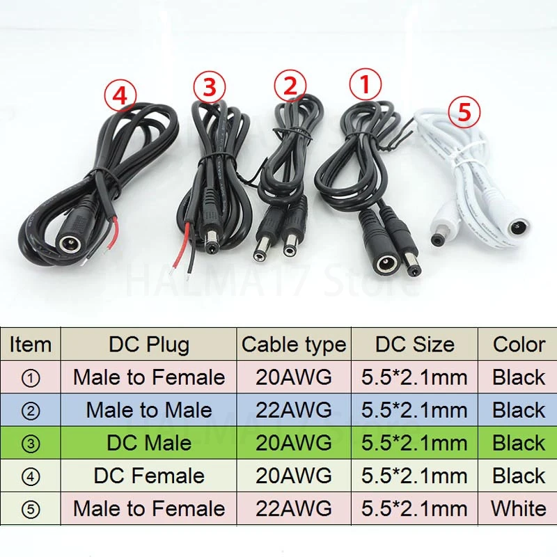 5.5mm x 2.1mm DC male to female male Extension Cable 1m Jack Plug Connector Wires For CCTV AC Power Adapter J17
