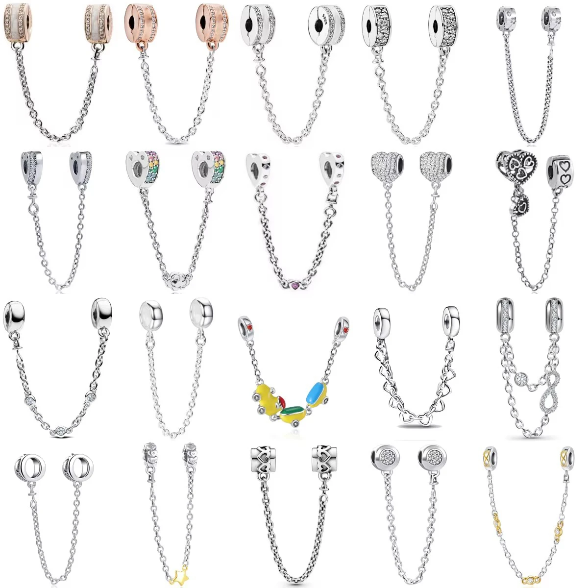 

Silver 925 Sparkling Clear Sparkle Crown Love Safety Chain Charm Bead Fit Original Pendant DIY Jewelry For Women