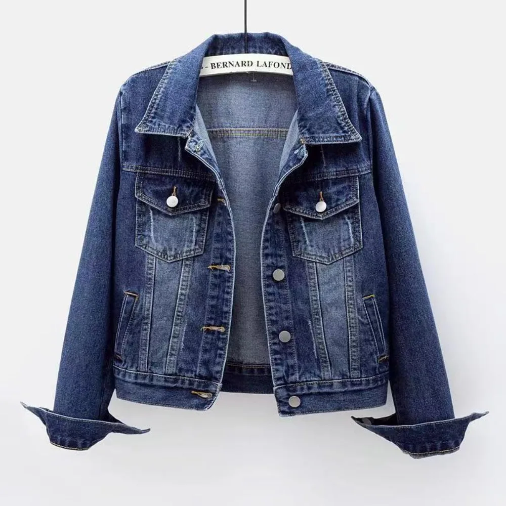 Women Spring Denim Jacket Short Slim Fit Washed Single Button Long Sleeve Casual