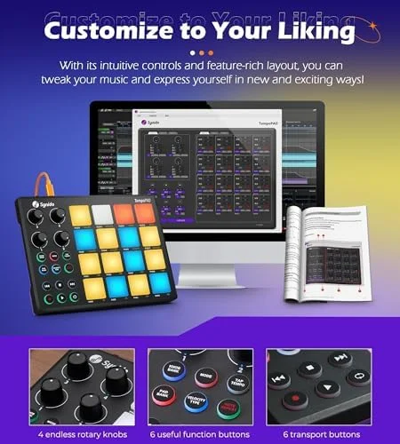 Synido TempoPAD P16 Midi Controller Beat Maker Machine for Music Production, Portable USB MIDI Beat Pad Controller for Beginners image 2