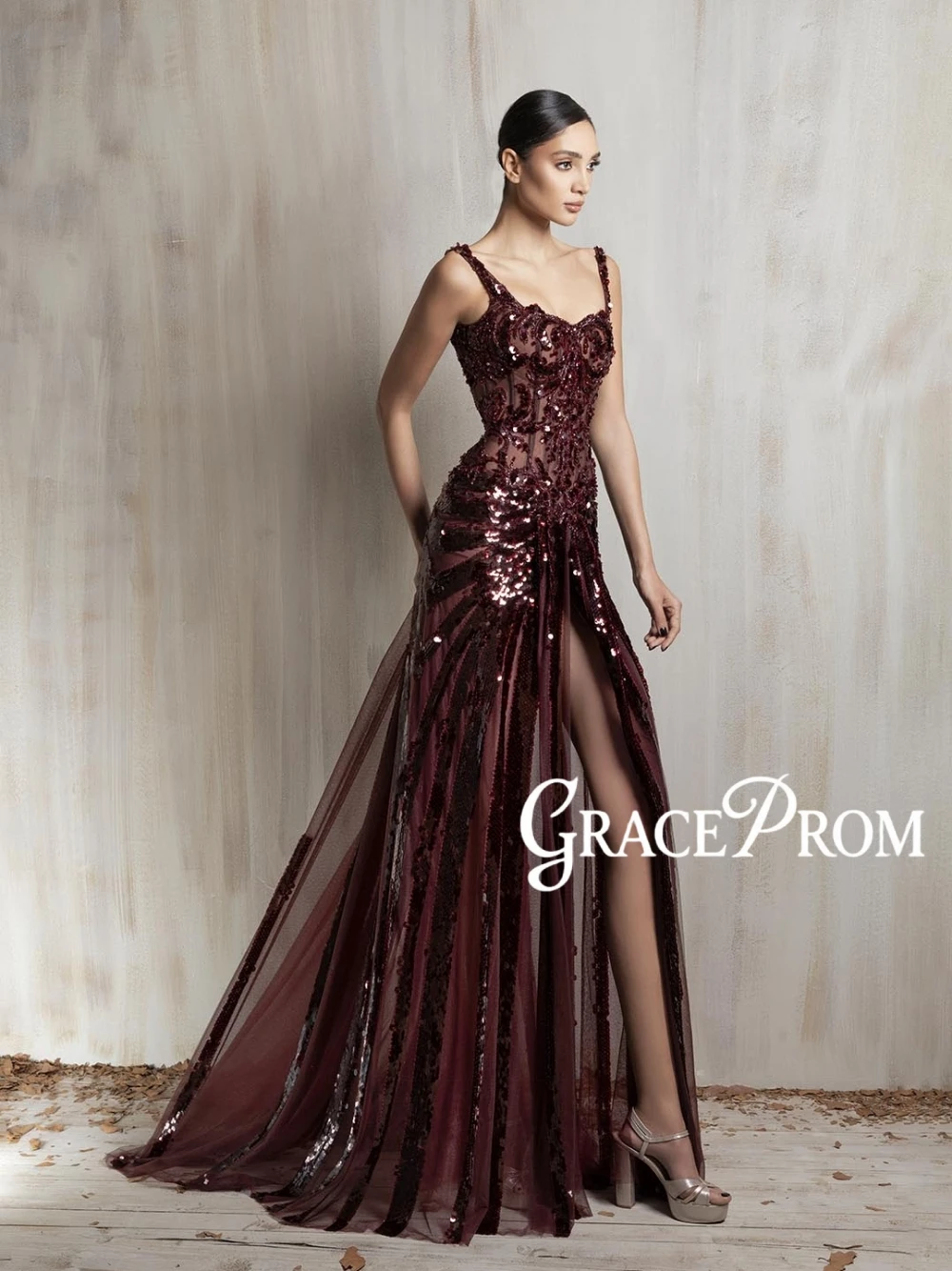 

GRACEPROM Sexy Illusion Tulle Burgundy Evening Dress Spaghetti Straps Beaded Sequined High Split Mermaid Formal Gown With Train