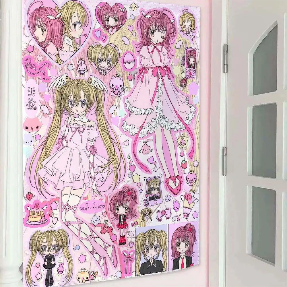 Cute Girls Bedroom Wall Tapestry Decorative Hanging Cloth with Background Illustration for Dormitory Bedside