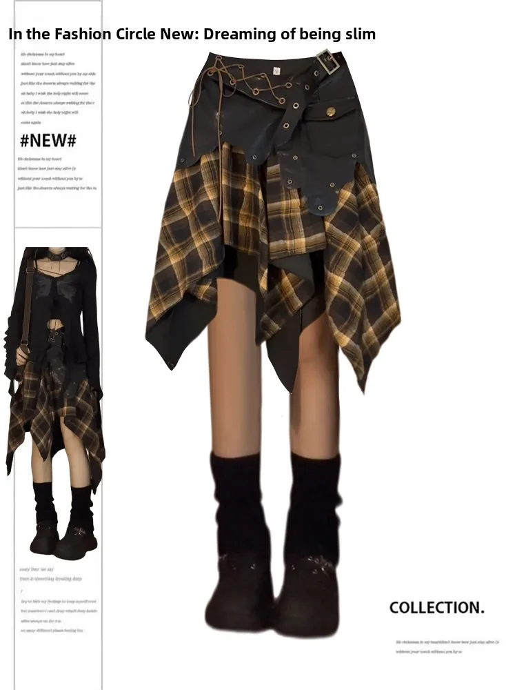 

Street Sle Punk Splicing Midi Skirt Women's Unique Asymmetrical Dr f-length Skirt Commute Korean Sle Pure Color