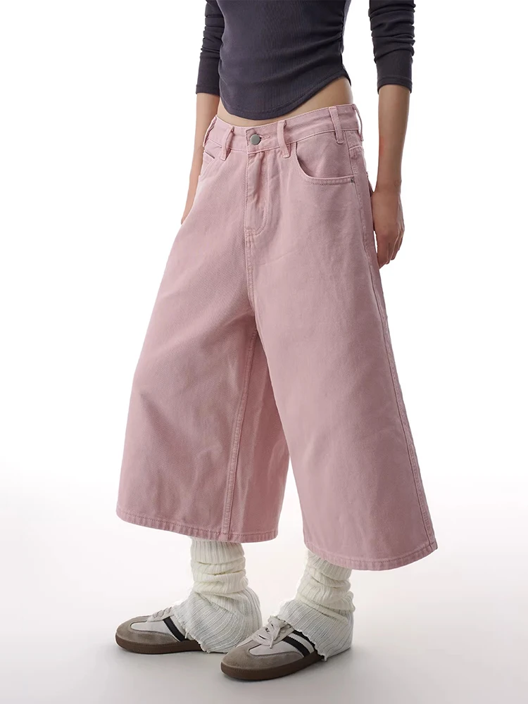 REDDACHiC Pink Cargo Jean Shorts Women Summer Jorts Cute Straight Wide Leg Low Waist Solid Casual Bermuda Pants Everyday Wear view 3