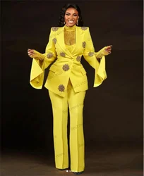 Yellow Crystals Women Suits Set 2 Pieces Formal Office Lady Blazer+Pants Wedding Prom Dress Party Tuxedo Custom Made Coat Jacket