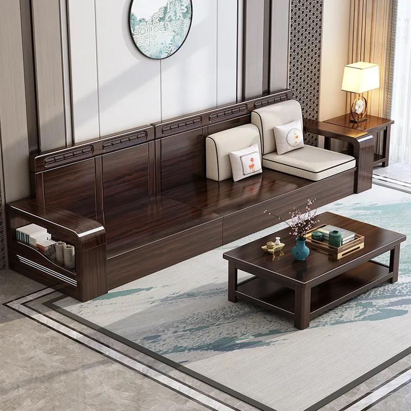 KKNew chinoiserie purple gold sandalwood casual living room winter and summer dual-use storage solid wood straight row sofa