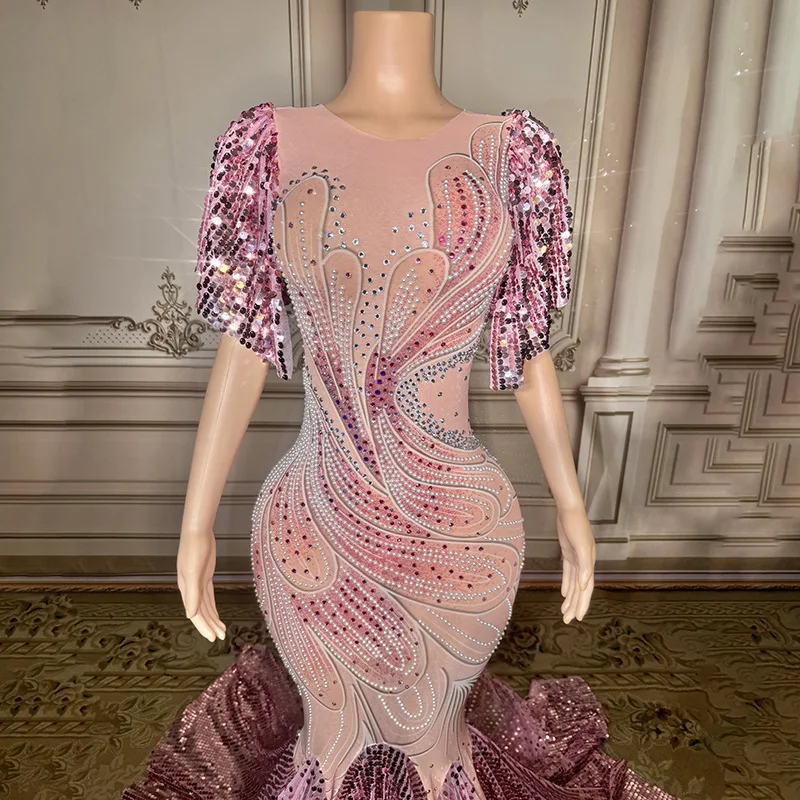Abito da sera a coda di pesce rosa Abito da banchetto di fascia alta femminile Temperamento Socialite Compleanno Banchetto Abito da festa Ballkleid Luxuskleid
