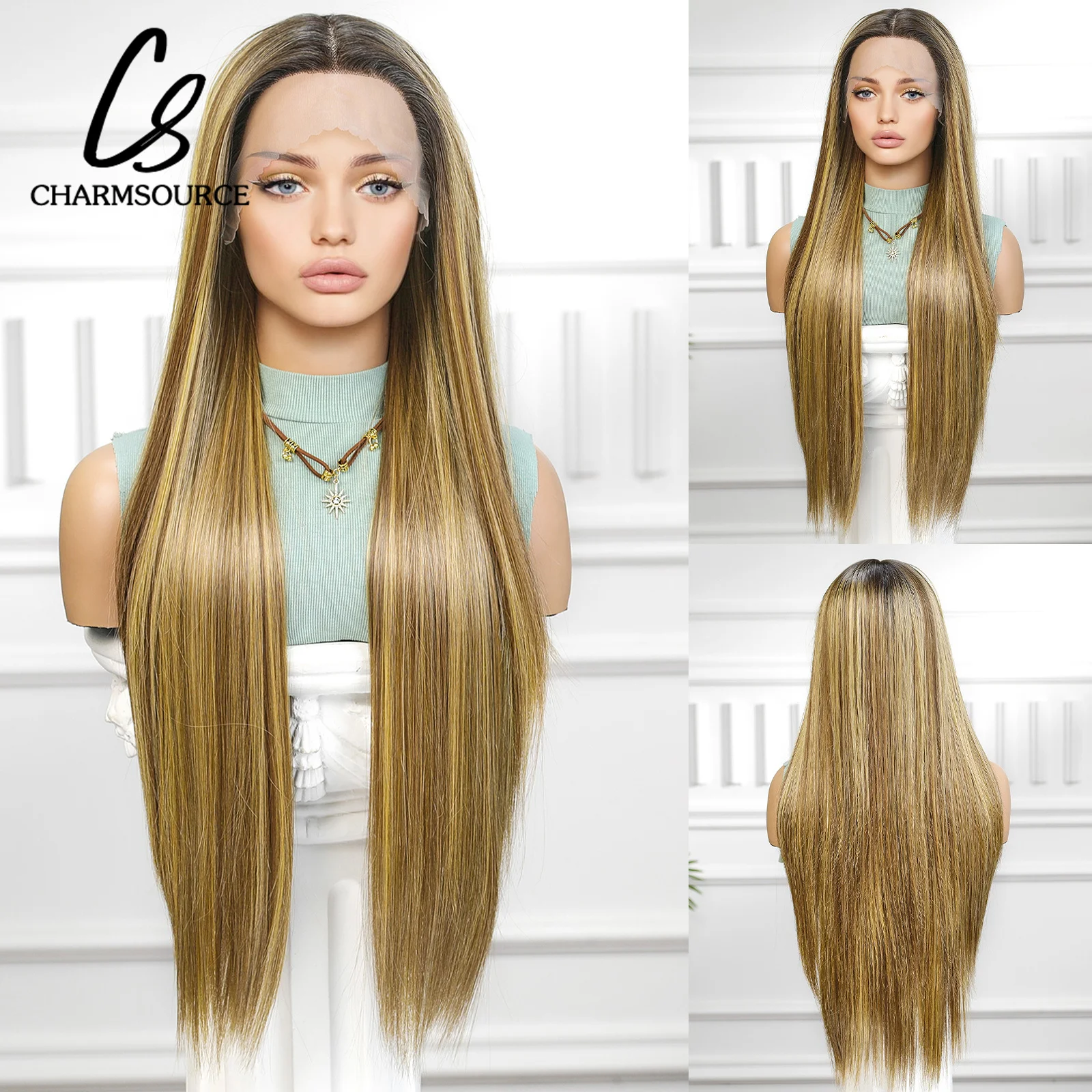 

CharmSource Lace Front Wig Long Straight Brown Ombre Blonde Wigs with Dark Root for Women Daily Party Cosplay WeHigh Density