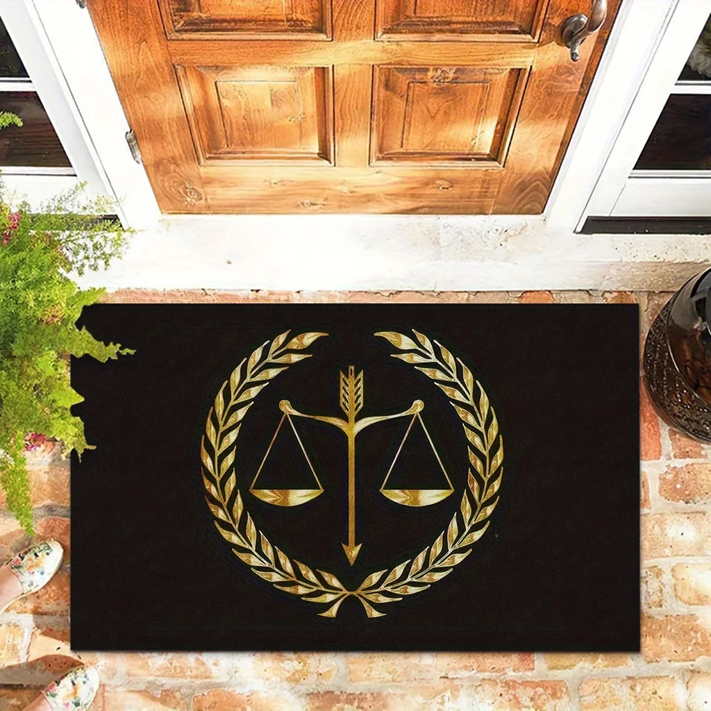 Lawyer Justice Scale Doormat, Gold Laurel Wreath Entrance Mat, Legal Profession Gift, Non-Slip Black Floor Rug for Home Office