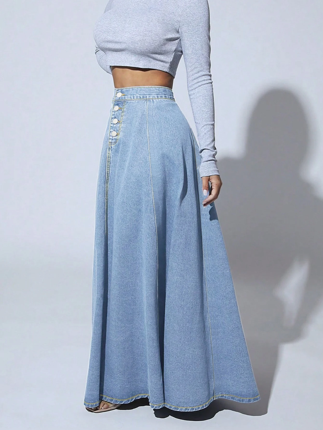 Damen High-Waist Jeans-Maxirock mit Knopfleiste, A-Linie, Vintage, Langer Jeansrock, Lässiger ausgestellter Rock – Detail 6