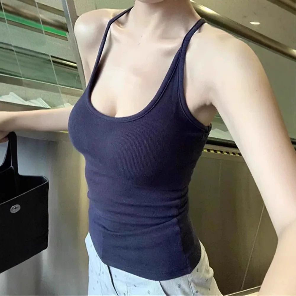 

Women Summer Tank Tops Ribbed Halter Round Neck Camisole Solid Color Basic Elastic Tank Top With Padded bra Y2K Spicy Girl Vest