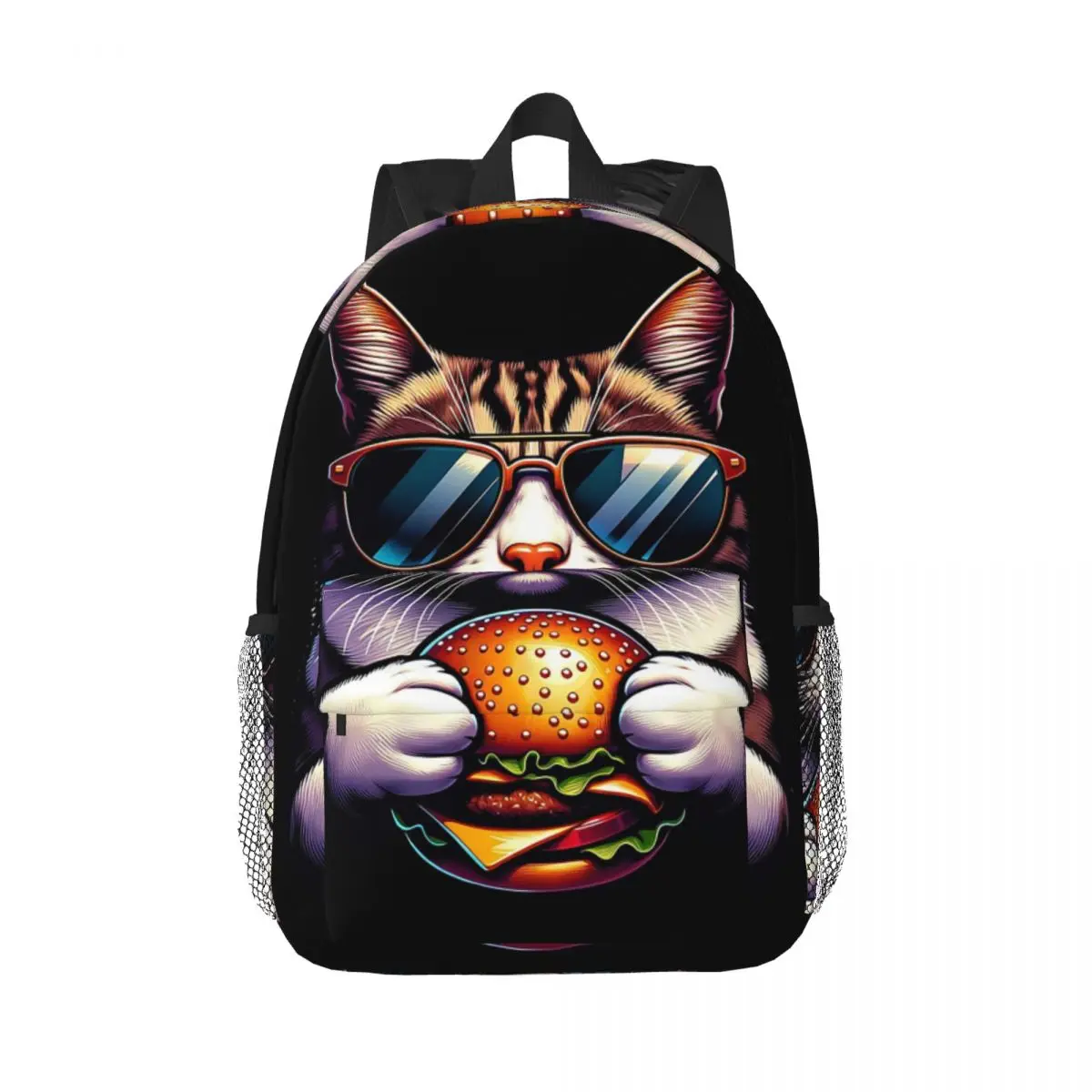 A Cat Eating A Hamburger Backpack Daypack Large Capacity Boys Girls BookBag Shoulder Bags for Men Women Kids School Bag