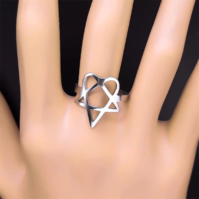 Rock Music Him Heartagram Rings for Men Women Stainless Steel Silver Color Star Heart Adjustable Ring Party Gift Jewelry R25S06