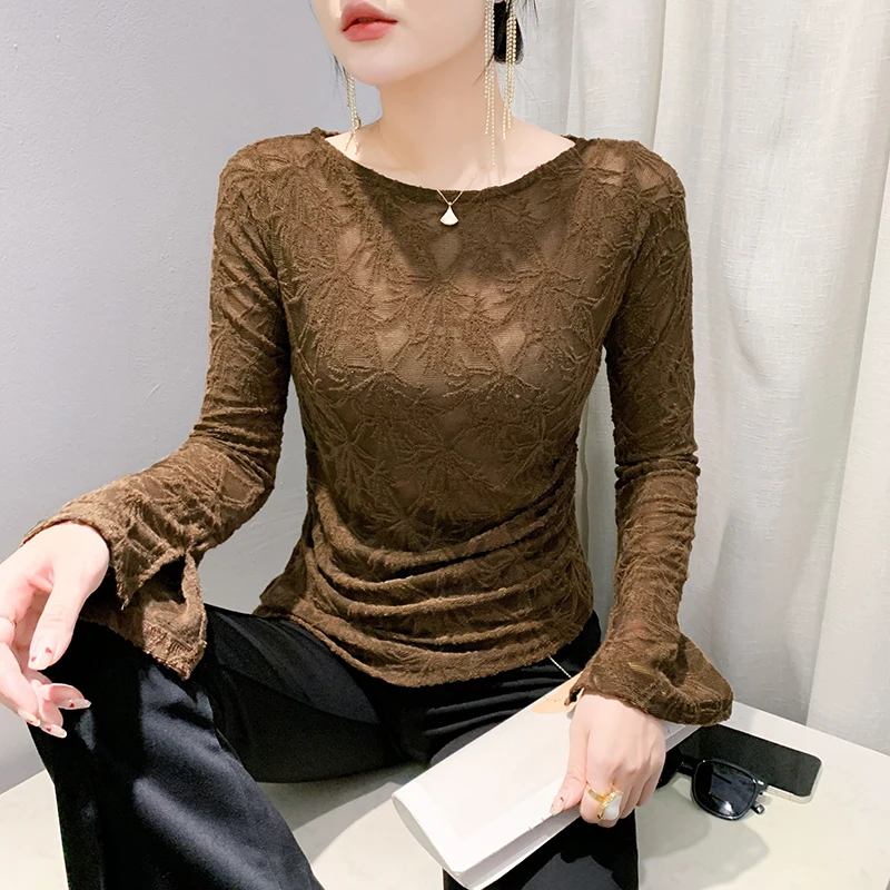 スリムフィットロングスリーブTシャツ レディース 秋冬新作 スタイリッシュなプリーツウエストシェイプ ベースシャツ トレンドカジュアルトップス