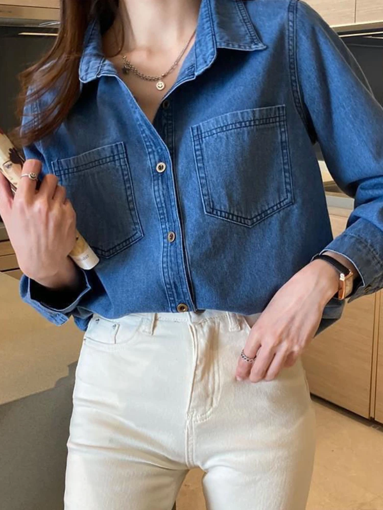 Denim Jackets Women Korean Style Vintage Fashion High Street Spring Simple Retro Turn Down Collar Mujer Outwear Long Sleeve Chic