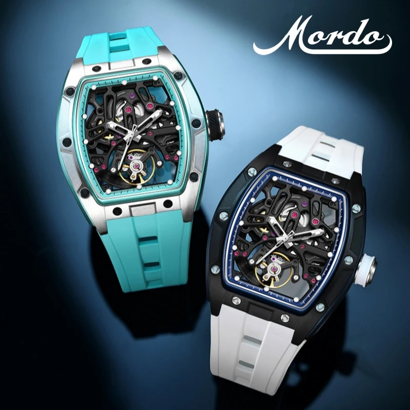 MORDO 9-198G-1 Wholesale Sky Blue Mechanical Watches Steel Case Tourbillon Automatic Watches Luxury Hollow Dial Watch for Men