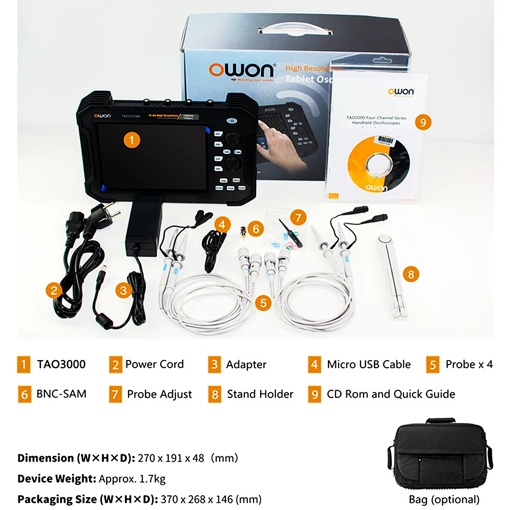 Tablette oscilloscope numérique Owon TAO3074/3104, 8 pouces LCD 800x600 8 Bits 4CH 100MHz bande passante 1GS/s