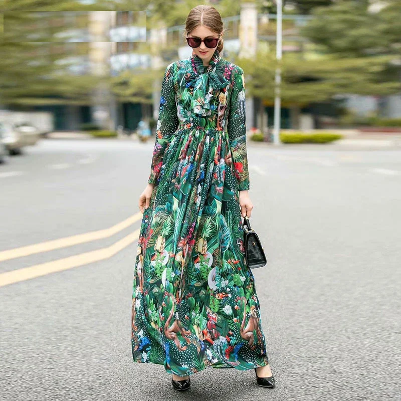 2023 New Fashion Designer Spring Autumn Women Long Sleeve Rainforest Floral-Print Maxi Dresses