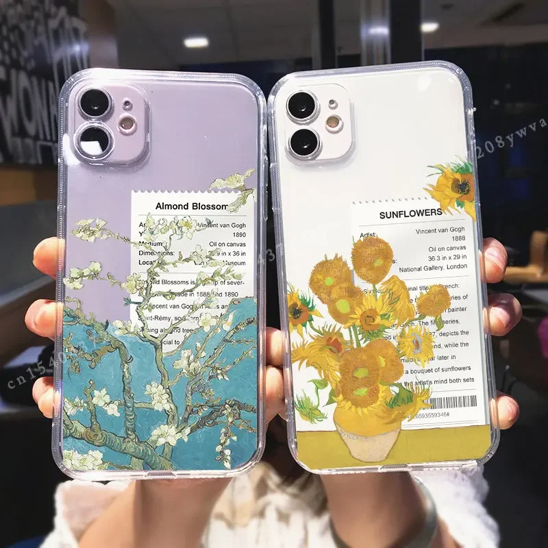 

Art Van Gogh Oil Painting Phone Case For iPhone 11 14 13 15 Pro MAX 12 X XR 8 7Plus Starry Night Sunflower Clear Soft Cover Bag