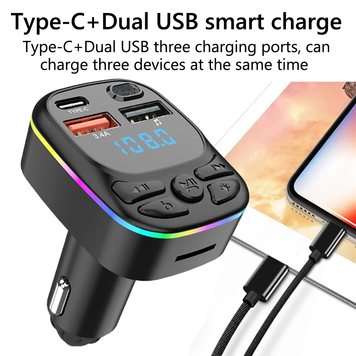 FM Transmitter Support TF Card U Disk Car MP3 Player Dual USB C Type C Car Charger Phone Charging Handsfree Calling Car Kit