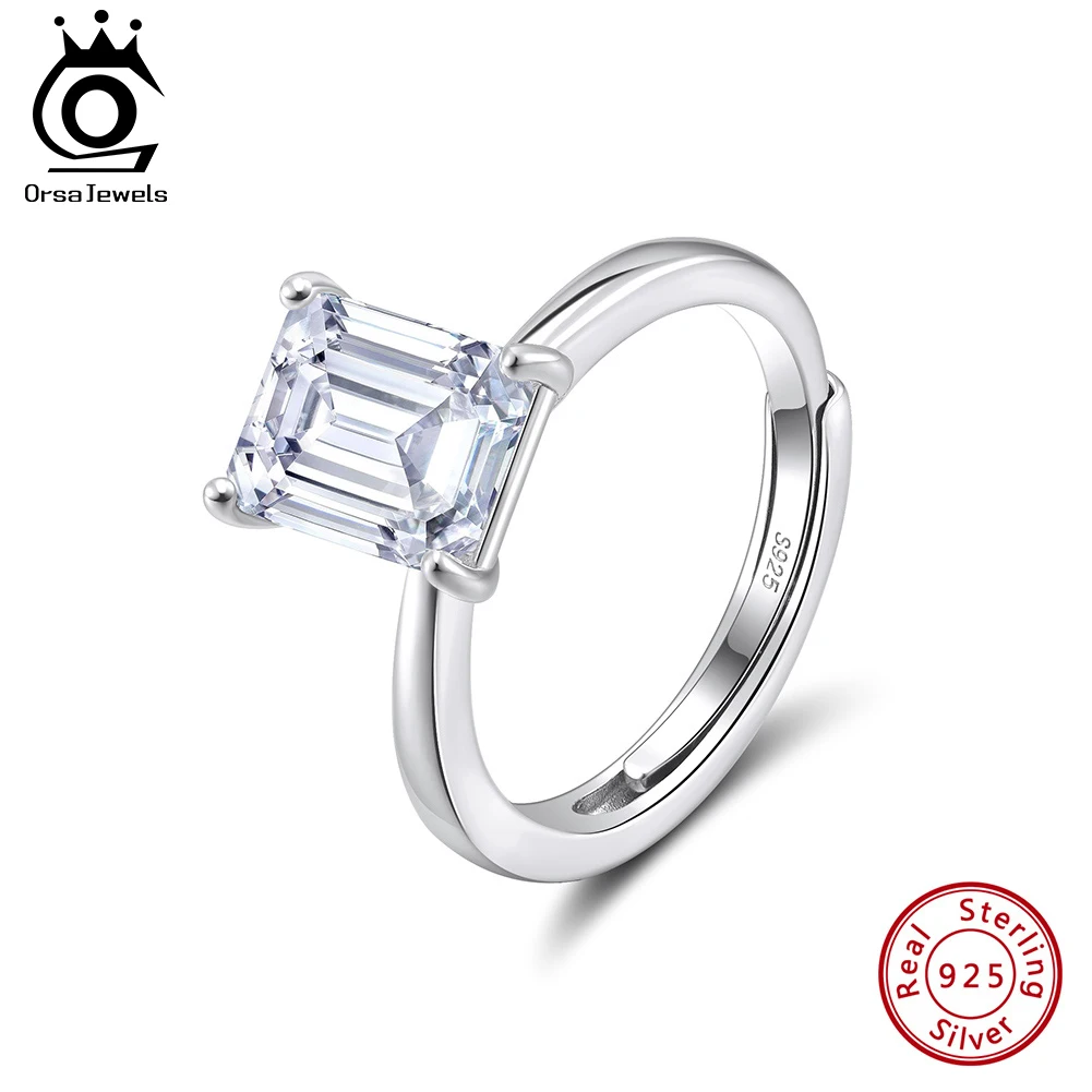 ORSA JEWELS 925 Silver Emerald Cut Moissanite Finger Rings 1ct 2ct 3ct 4ct Solitaire Ring Fine Jewelry Anniversary Gift SMOR07