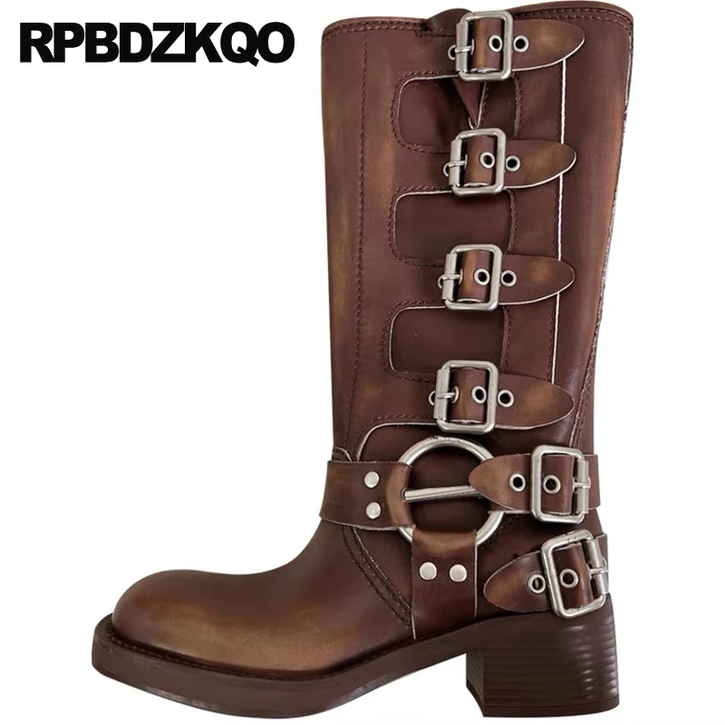 Mid Calf Block Buckle Boots Slip On Women Footwear Belts Equestrian Biker Rock Square Shoes Punk Cow Leather Motorcycle Riding