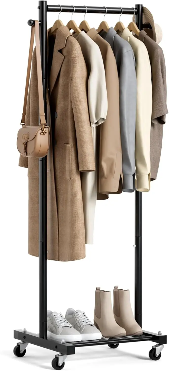 

Портативная передвижная вешалка для одежды с колесами и полками для небольших помещений, черная металлическая вешалка для одежды