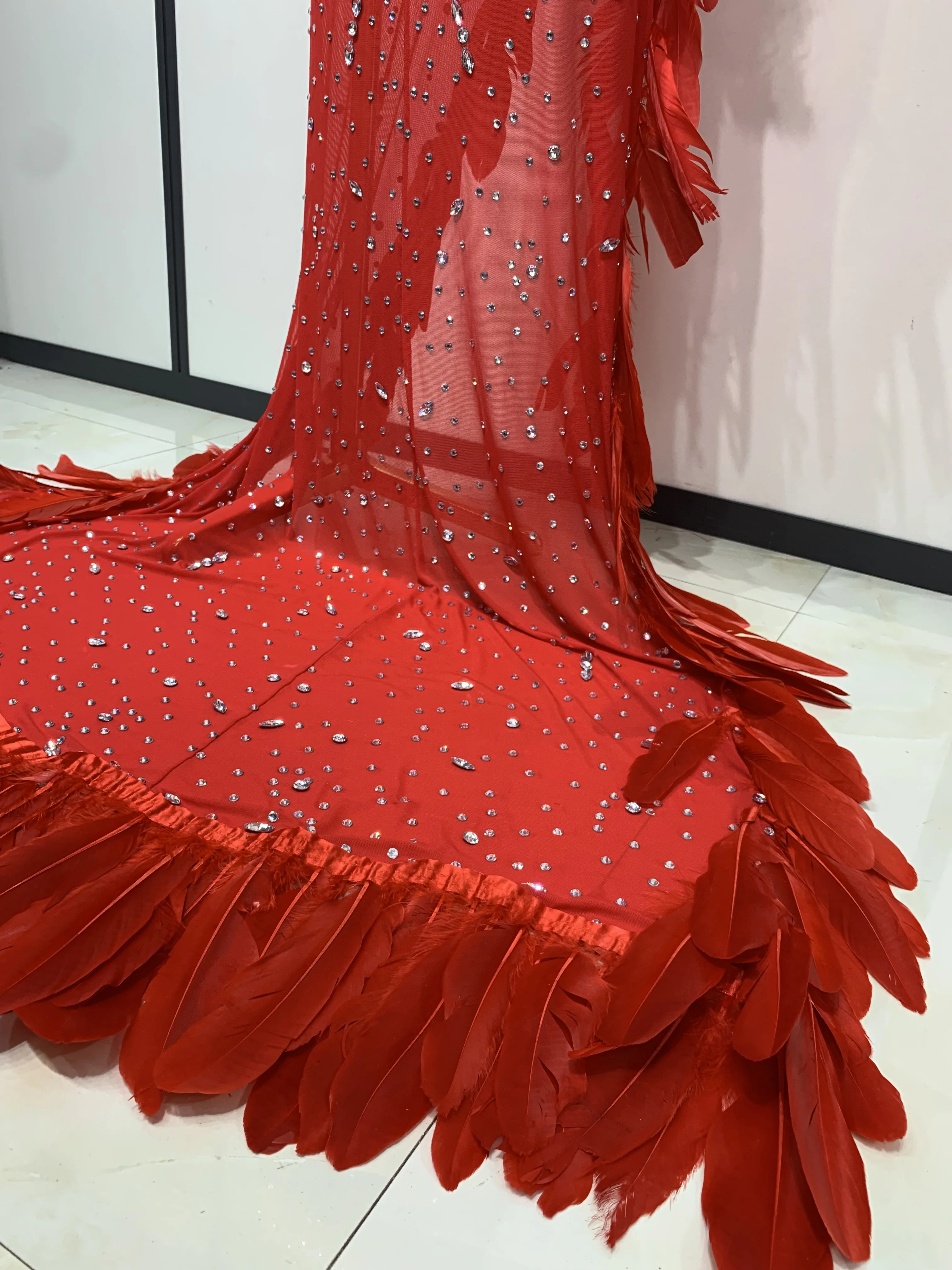 Women Sparkly Rhinestone Feather Mesh Transparent Maxi Long Dress Sexy Backless Birthday Evening Party Singer Stage Costume