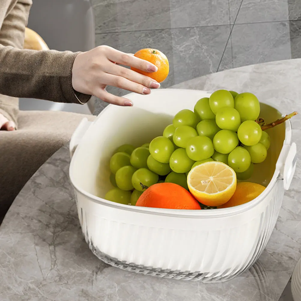 

Double Layer Fruit Strainer Cream White Medium Vegetable Washing Basket Drain Storage Kitchen Accessory Household