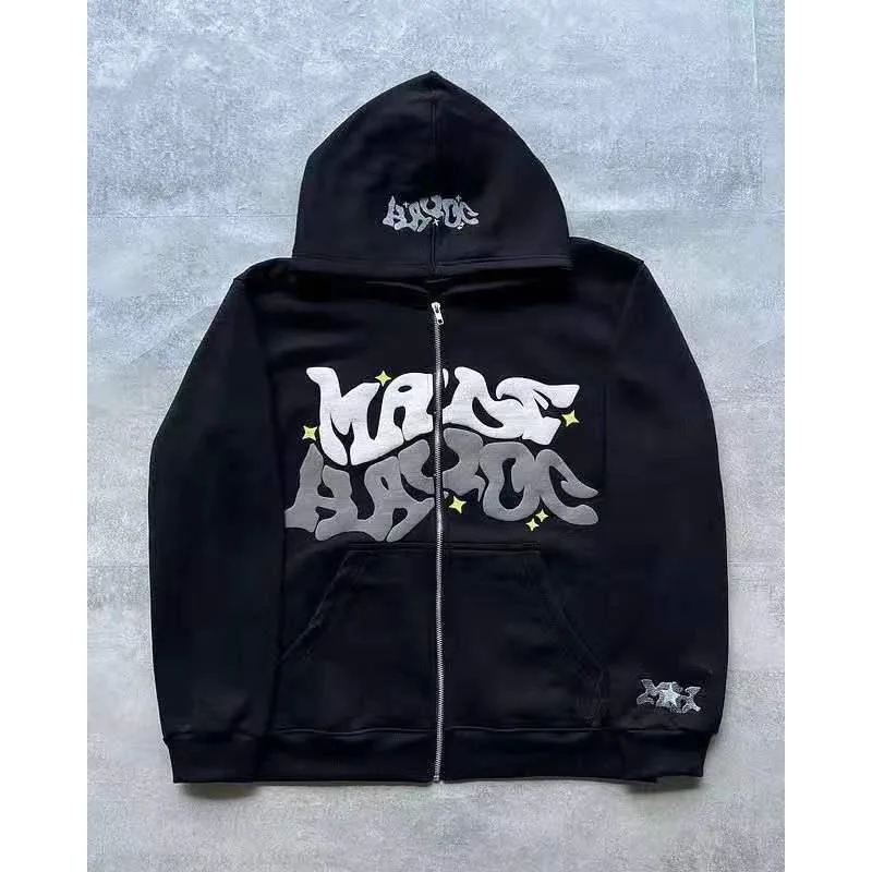 Star and Letter Print Zip-Up Hoodie, Spring and Autumn Harajuku, Unisex Fashion Hip-Hop Long Sleeve Sweatshirt