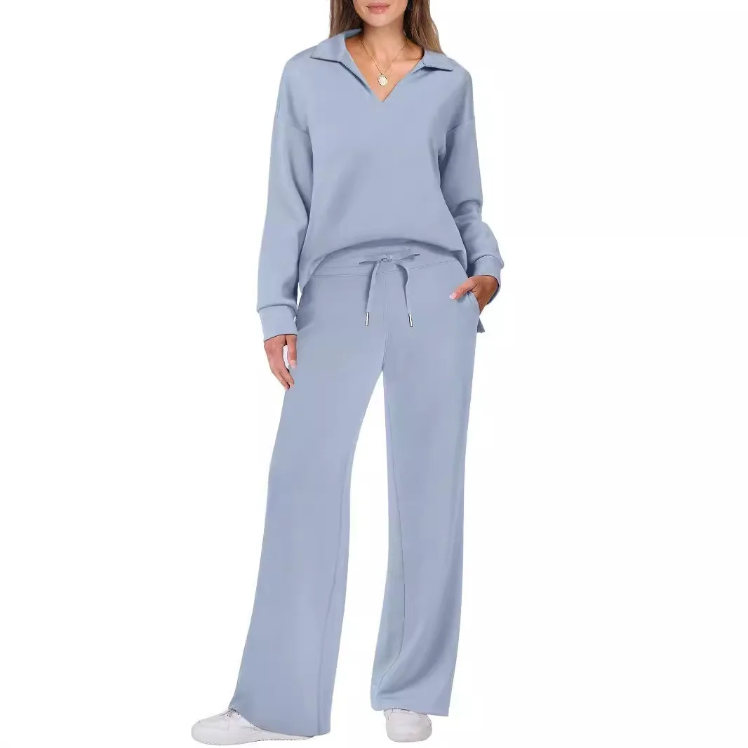 Fashionable Casual Sportswear Set Long Sleeve V-Neck Sweatshirt Wide Leg Pants Two Piece Set plus Size Women's Clothing