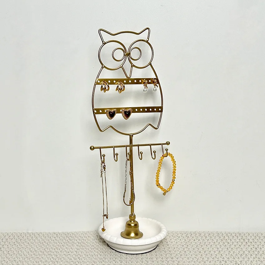 Creative Owl Jewelry Holder - Anti-Tarnish Coated Iron & Ceramic Combo, 5-Arm Organizer for Earrings and Necklaces