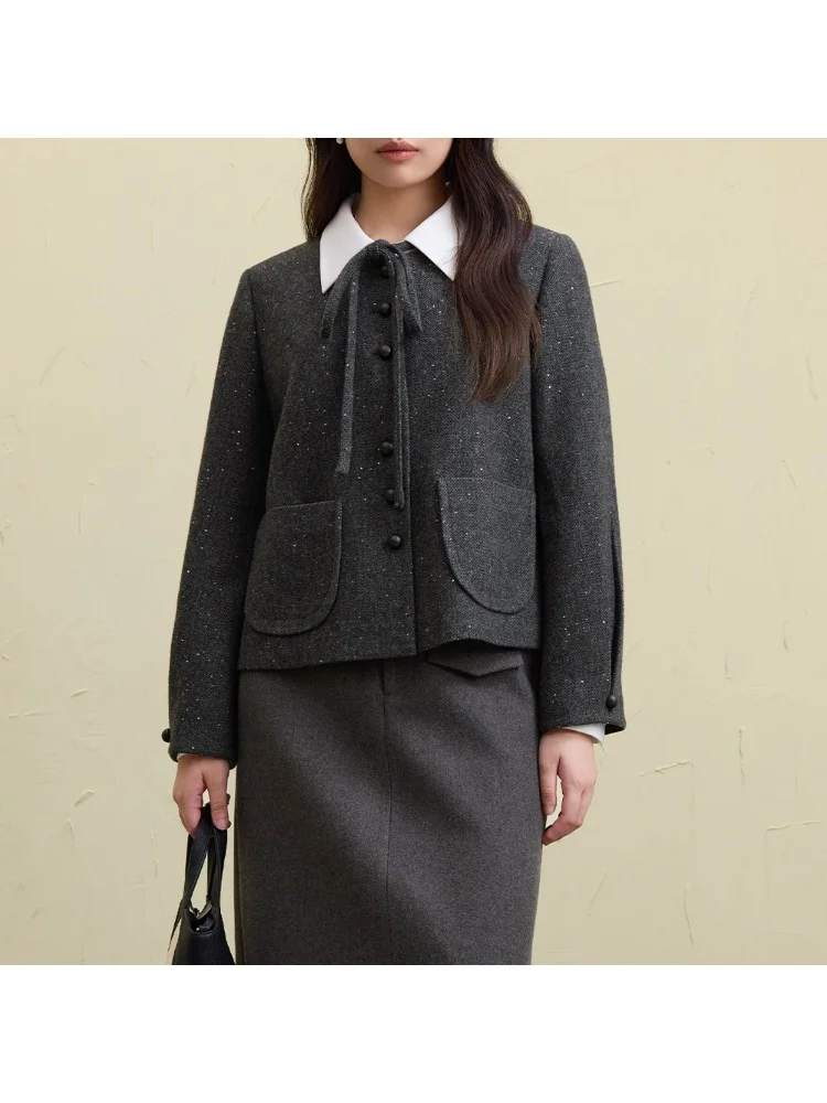 DUSHU 27.7% Wool Women Grey Short Jackets Sequins Design Female Round Neck Front Shoulder Woolen Coats 24DS84647