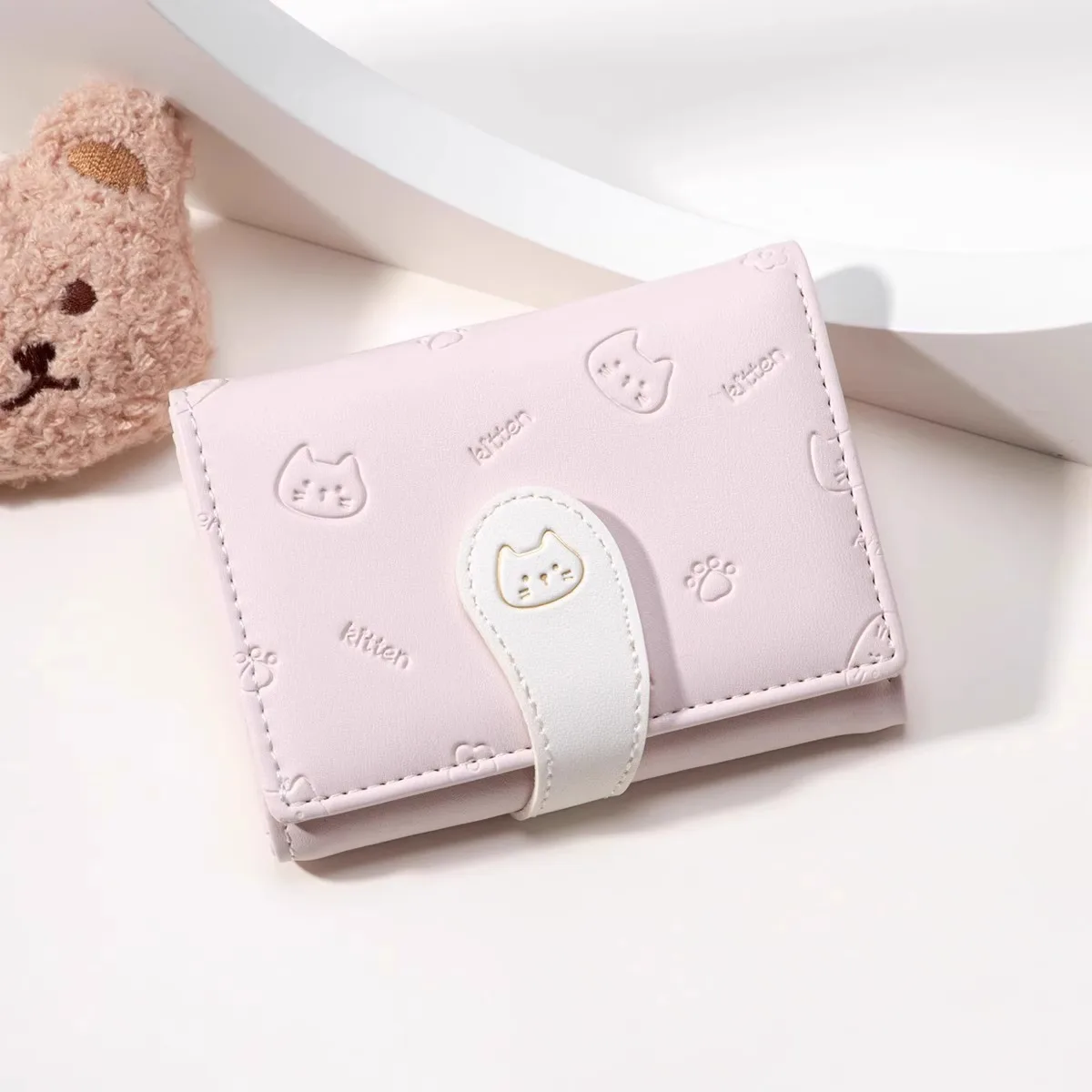 Cute Kitten Embossed Short Card Holder, Sweet Snap Button Mini Wallet