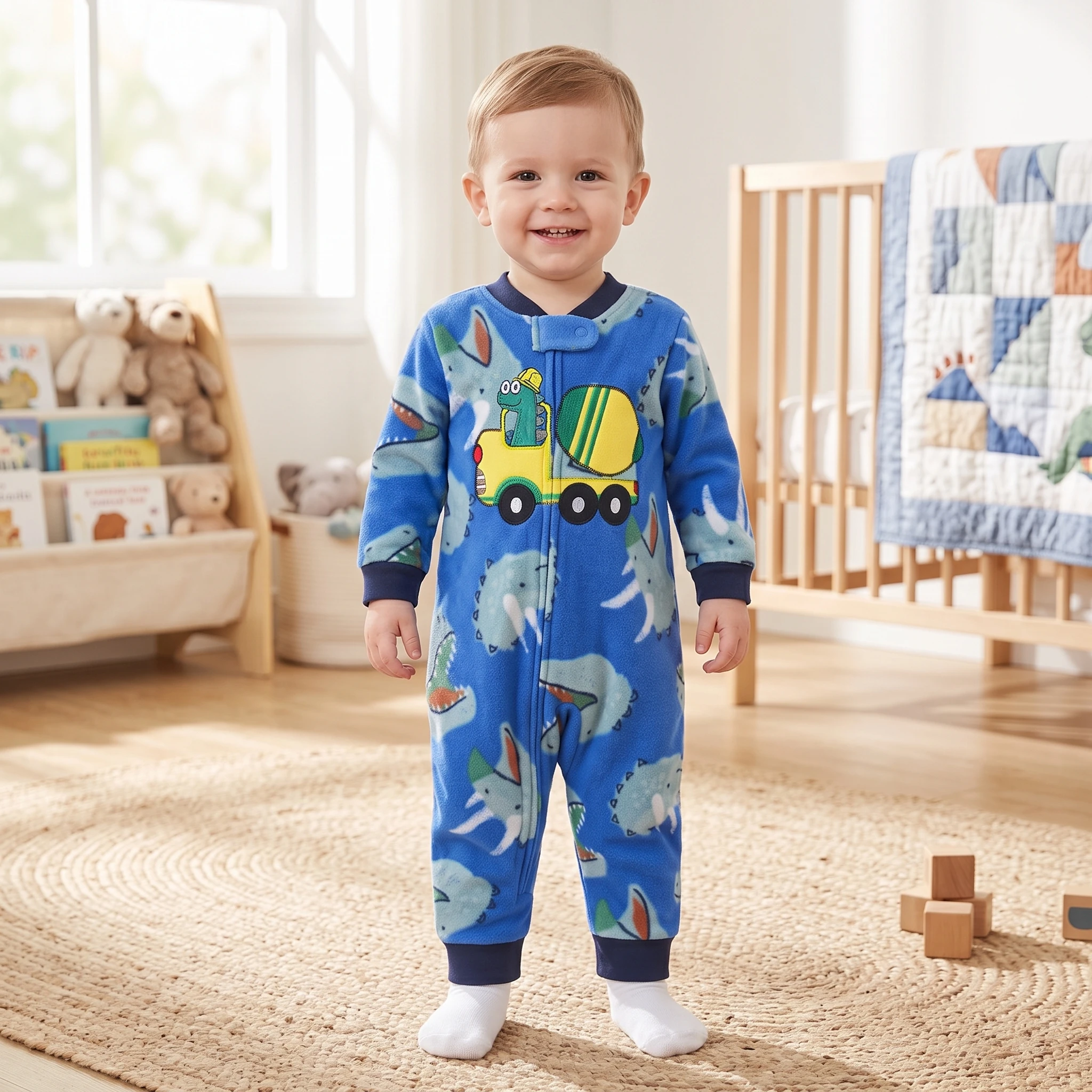 Infant Boys Polar Fleece Zip Romper Cartoon Dinosaur Bear Embroidery Print Warm Autumn Winter Soft Fleece Baby Onesie Jumpsuit