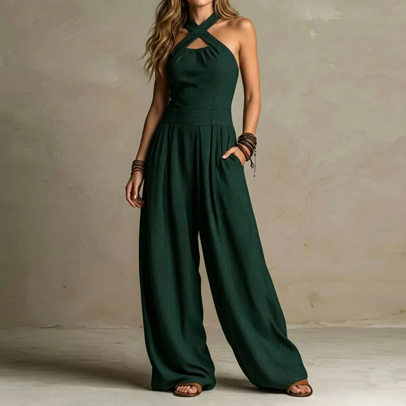 Vintage Halter Jumpsuit Women Crisscross Neck Sleeveless High Waist Wide Leg Playsuit Casual Loose Solid Pockets One-Piece Suits