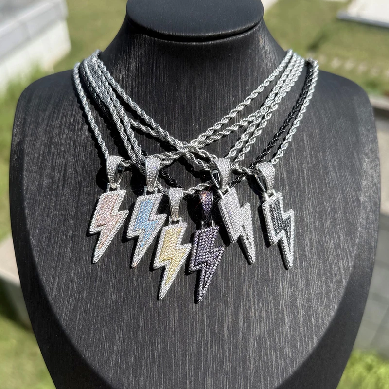 Collar con colgante de rayo estilo Hip Hop, con incrustaciones de circonitas 3A+ y pedrería brillante, para hombre, joyería de rapero, de colores