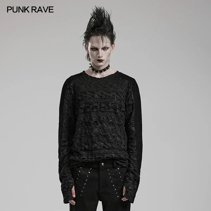 PUNK RAVE Men\'s Gothic Decadent Long Sleeve Splice Mesh Printed T-shirt Punk Handsome Cool Casual Tops Streetwear Autumn/Winter