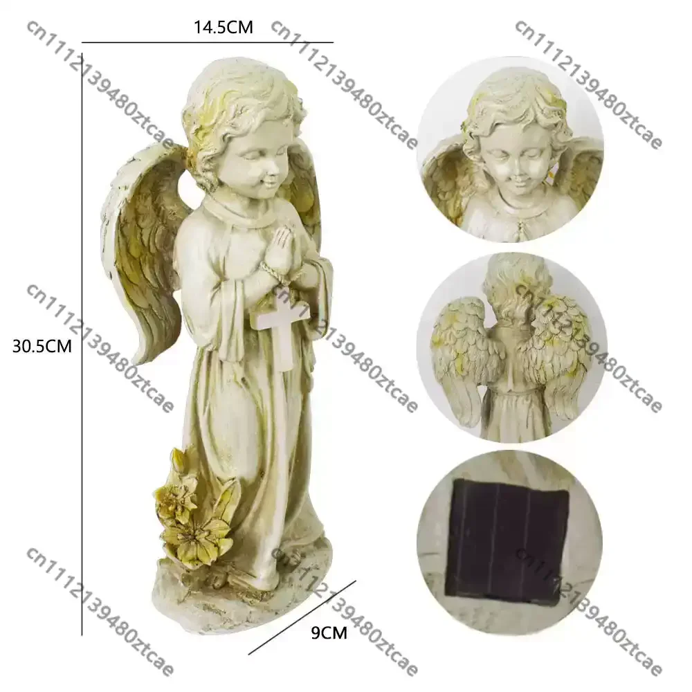 Solar Cross Angel Statue Tomb Light Vase Flower Pot Outdoor Garden Tombstone Decor Ornament