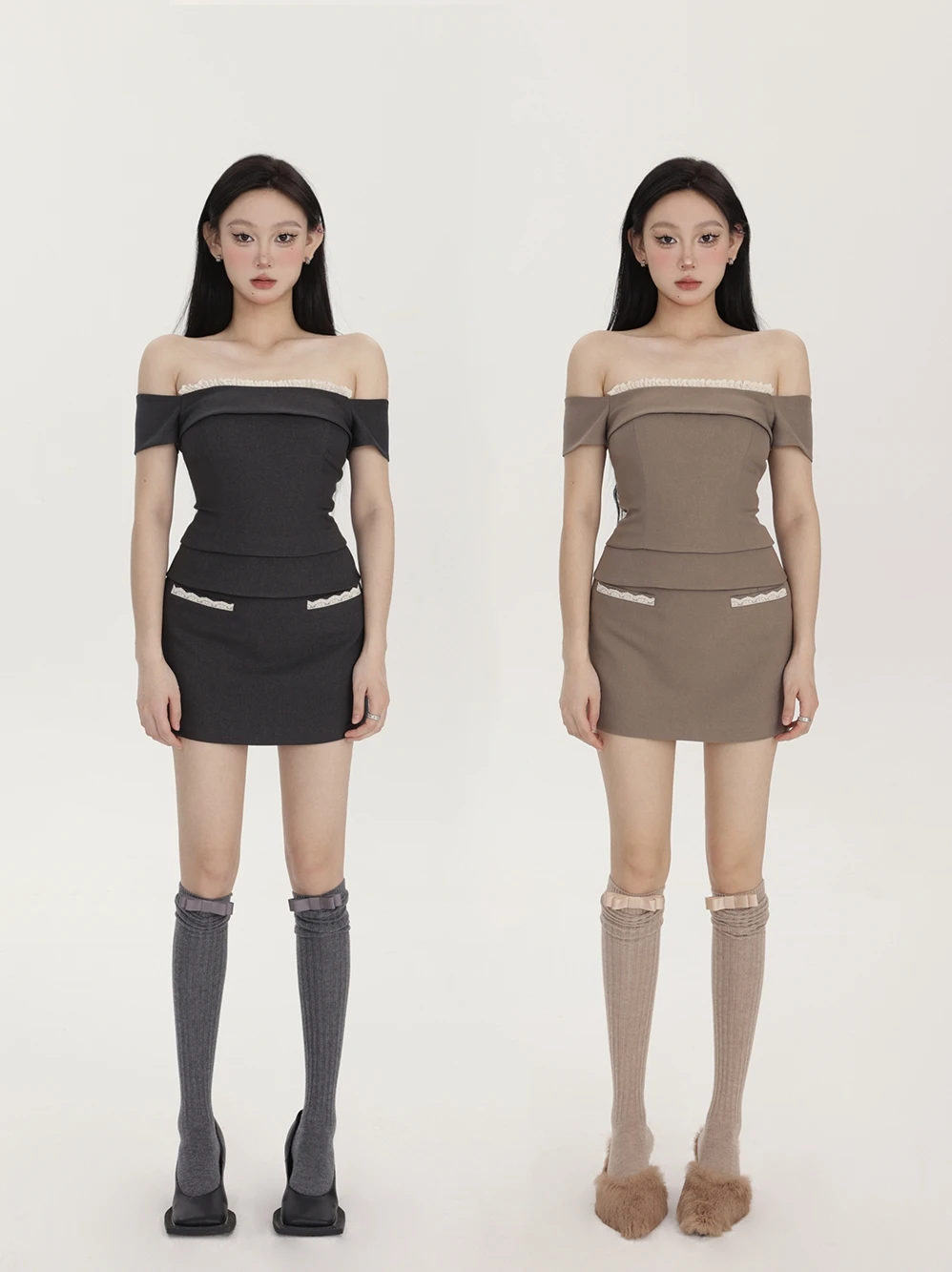 

Модный кружевной топ с открытыми плечами и юбка из двух предметов для женщин, милый балетный комплект, весна-лето, новое поступление