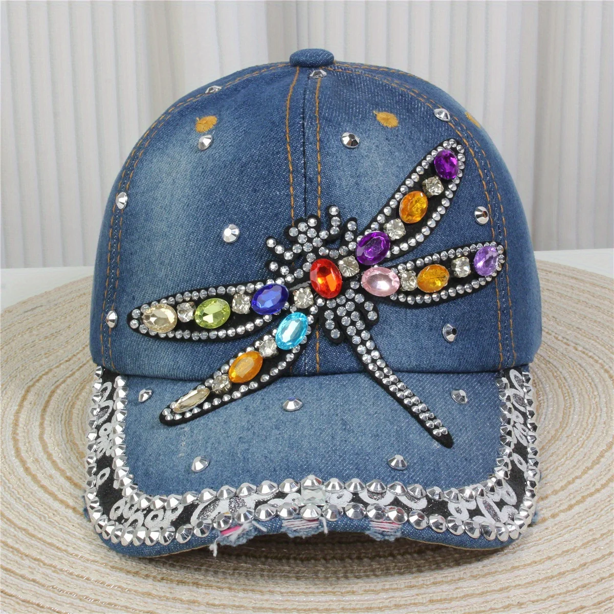 

Denim Inlaid with Rhinestones Baseball Cap Casual and Fashionable Duckbill Cap for Women