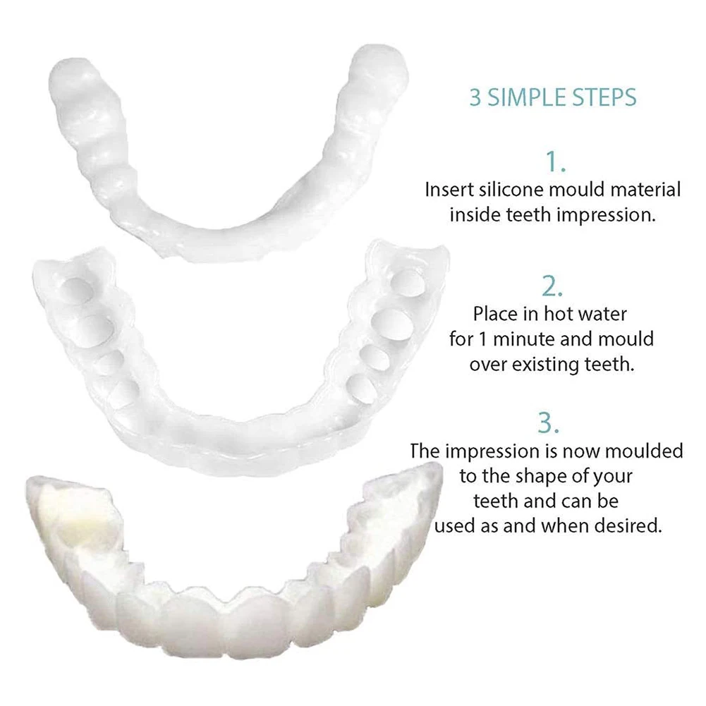 Cobertura temporária de dentes falsos, facetas dentárias clareadoras, aparelhos para sorriso perfeito, homens e mulheres