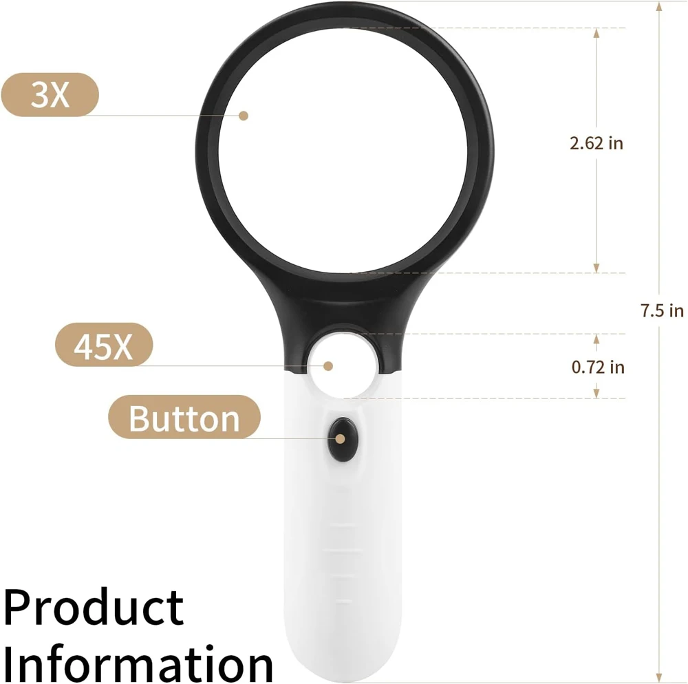 New White Magnifying Glass Handheld 45X Magnifier With 3 LED Light For Reading Magnifying Glass Jewelry Loupe