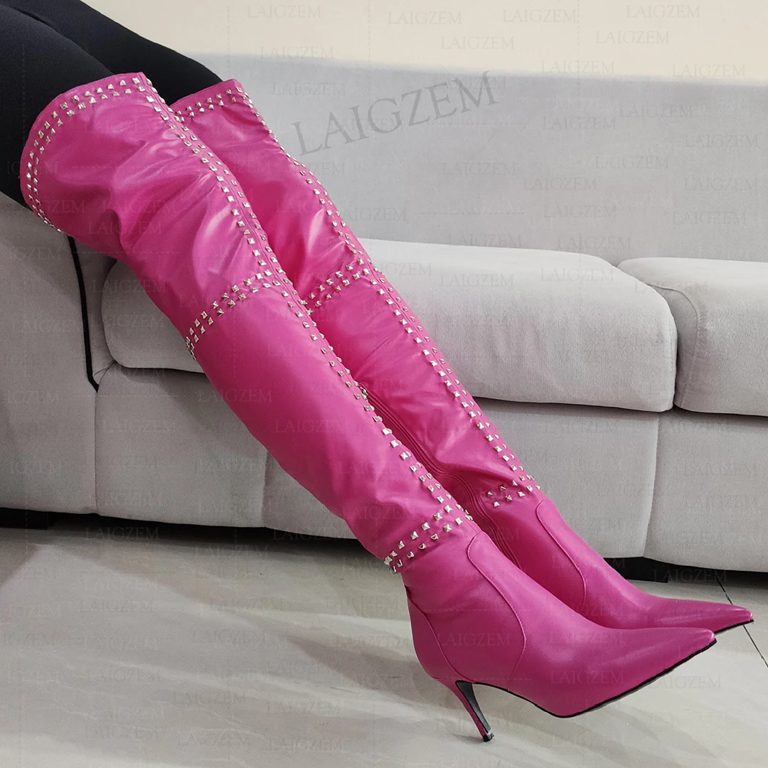 LAIGZEM Women Thigh High Boots Faux Leather Rivets Mid Heeled Tall Boots Party Comfortable Shoes Woman Large Size 39 42 44 47 image 2