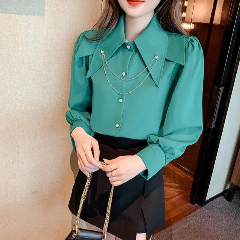 Doll Collar Chain Shirts & Blouses for Women Tall Japanese Harajuku Fashion Elegant and Youthful New 2025 Aesthetic Woman Top